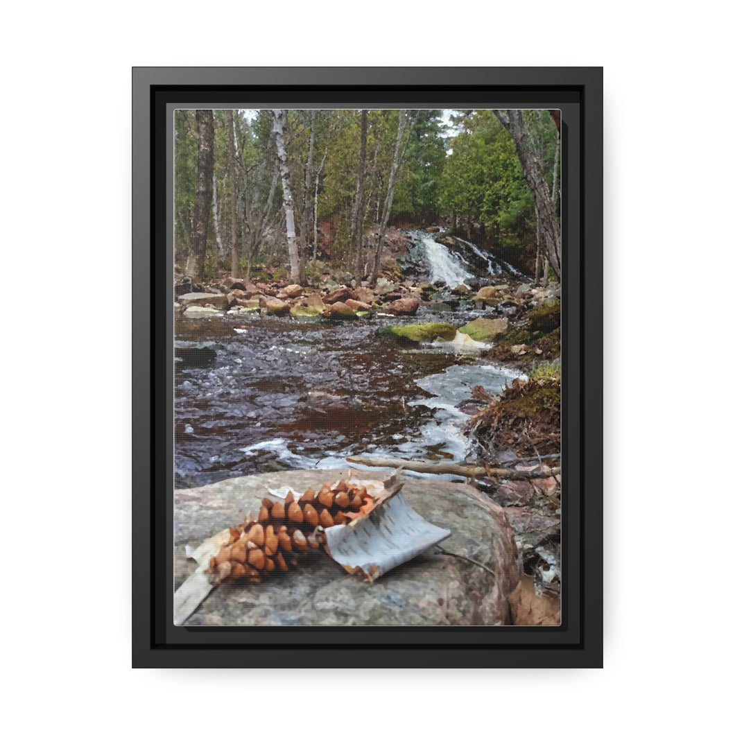 Pinecone Waterfall - Canadian Art - Nature Photography - Oil Sketch on Canvas | Matte Canvas, Black Frame