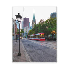 Load image into Gallery viewer, Old Cathedral and Streetcar - Old Town Toronto - Architecture Old World Style Photography - Oil Sketch on Canvas - Canvas Gallery Wraps
