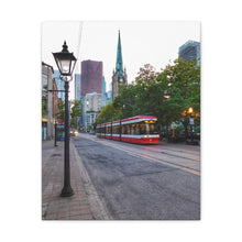 Load image into Gallery viewer, Old Cathedral and Streetcar - Old Town Toronto - Architecture Old World Style Photography - Oil Sketch on Canvas - Canvas Gallery Wraps
