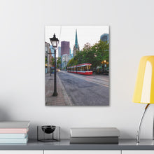 Load image into Gallery viewer, Old Cathedral and Streetcar - Old Town Toronto - Architecture Old World Style Photography - Oil Sketch on Canvas - Canvas Gallery Wraps
