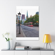 Load image into Gallery viewer, Old Cathedral and Streetcar - Old Town Toronto - Architecture Old World Style Photography - Oil Sketch on Canvas - Canvas Gallery Wraps
