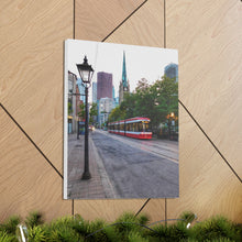 Load image into Gallery viewer, Old Cathedral and Streetcar - Old Town Toronto - Architecture Old World Style Photography - Oil Sketch on Canvas - Canvas Gallery Wraps
