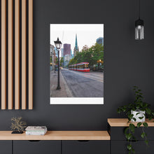 Load image into Gallery viewer, Old Cathedral and Streetcar - Old Town Toronto - Architecture Old World Style Photography - Oil Sketch on Canvas - Canvas Gallery Wraps
