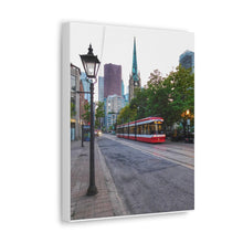 Load image into Gallery viewer, Old Cathedral and Streetcar - Old Town Toronto - Architecture Old World Style Photography - Oil Sketch on Canvas - Canvas Gallery Wraps
