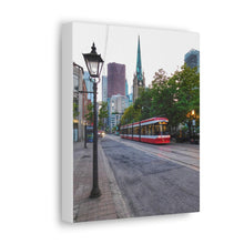 Load image into Gallery viewer, Old Cathedral and Streetcar - Old Town Toronto - Architecture Old World Style Photography - Oil Sketch on Canvas - Canvas Gallery Wraps
