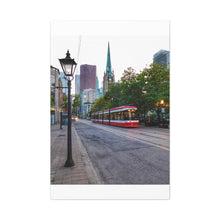 Load image into Gallery viewer, Old Cathedral and Streetcar - Old Town Toronto - Architecture Old World Style Photography - Oil Sketch on Canvas - Canvas Gallery Wraps
