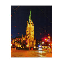 Load image into Gallery viewer, Streetcar and Cathedral - Old Town - Old Toronto Scene - Oil Sketch on Canvas - Matte Canvas, Stretched, 0.75&quot;
