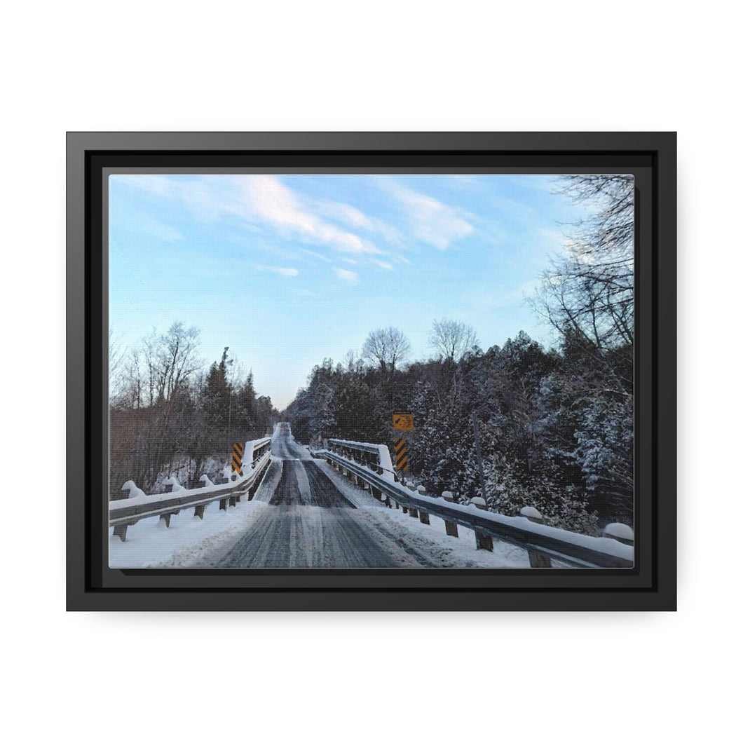 Old Country Road - Country Bridge - Winter Photography - Oil Sketch on Canvas | Matte Canvas, Black Frame