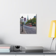 Load image into Gallery viewer, Old Cathedral and Streetcar - Old Town Toronto - Architecture Old World Style Photography - Oil Sketch on Canvas - Canvas Gallery Wraps
