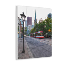 Load image into Gallery viewer, Old Cathedral and Streetcar - Old Town Toronto - Architecture Old World Style Photography - Oil Sketch on Canvas - Canvas Gallery Wraps
