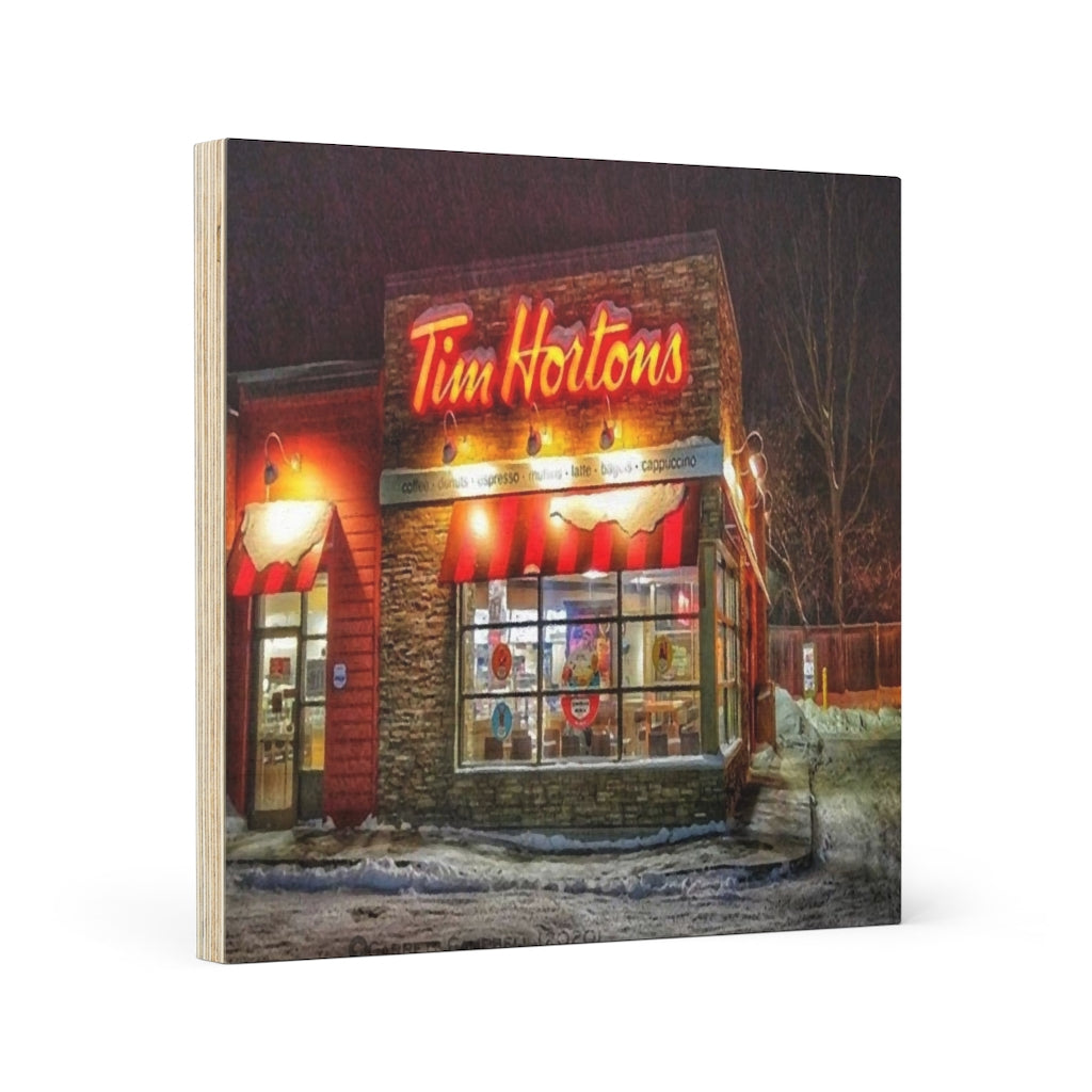 Snowy Tim Hortons - Canadiana - Oil Sketch - Winter Wall Art | Wood Canvas