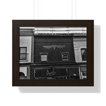 Load image into Gallery viewer, Old Fashioned Small Town - Snowfall Storefront - Black and White Snowy Piece | Framed Horizontal Poster
