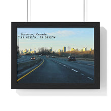 Load image into Gallery viewer, Toronto Skyline Photograhy - Latitude and Longitude Piece - Framed Wall Art | Premium Framed Horizontal Poster
