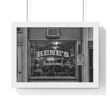 Load image into Gallery viewer, Rene&#39;s Barber Shop - Old Town - Black and White Street Photography - Black and White Urban - Premium Framed Horizontal Poster
