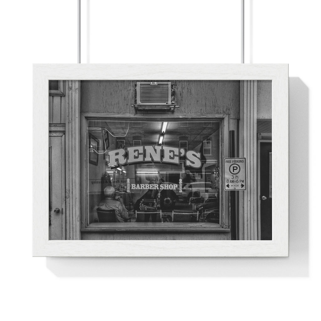 Rene's Barber Shop - Old Town - Black and White Street Photography - Black and White Urban - Premium Framed Horizontal Poster