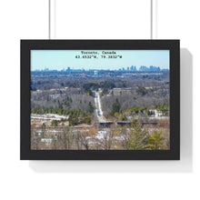 Load image into Gallery viewer, Toronto Skyline Photograhy - Latitude and Longitude Piece - Framed Wall Art | Premium Framed Horizontal Poster
