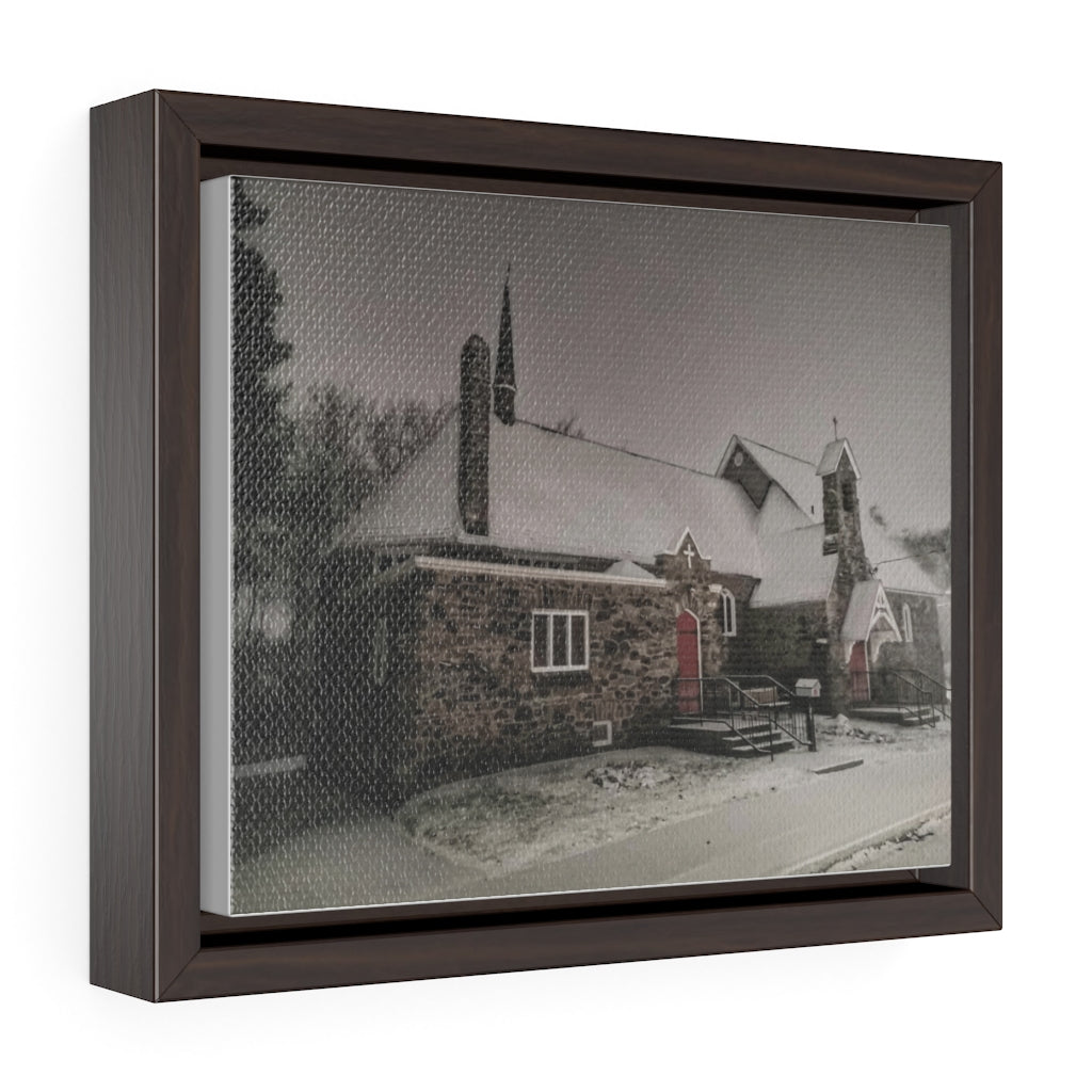 Snowy Winter Night - Old Stone Lutheran Church - Oil Sketch on Canvas - Photographic Art | Horizontal Framed Premium Gallery Wrap Canvas