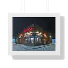 Load image into Gallery viewer, Warm Wishes - Snowy Tim Hortons Piece - Canadian Art | Framed Horizontal Poster
