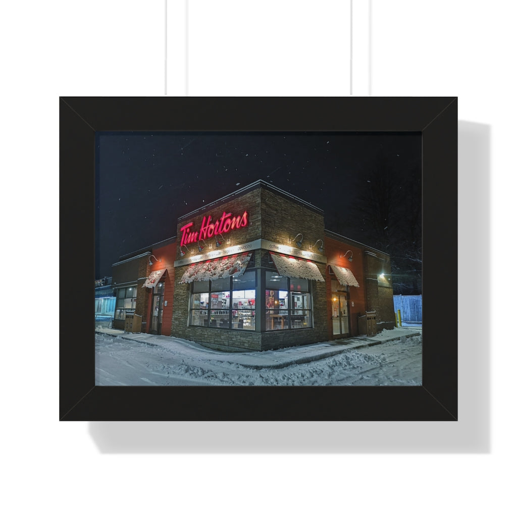 Warm Wishes - Snowy Tim Hortons Piece - Canadian Art | Framed Horizontal Poster