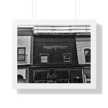 Load image into Gallery viewer, Old Fashioned Small Town - Snowfall Storefront - Black and White Snowy Piece | Framed Horizontal Poster
