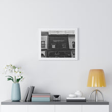 Load image into Gallery viewer, Old Fashioned Small Town - Snowfall Storefront - Black and White Snowy Piece | Framed Horizontal Poster
