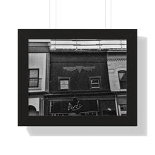 Load image into Gallery viewer, Old Fashioned Small Town - Snowfall Storefront - Black and White Snowy Piece | Framed Horizontal Poster
