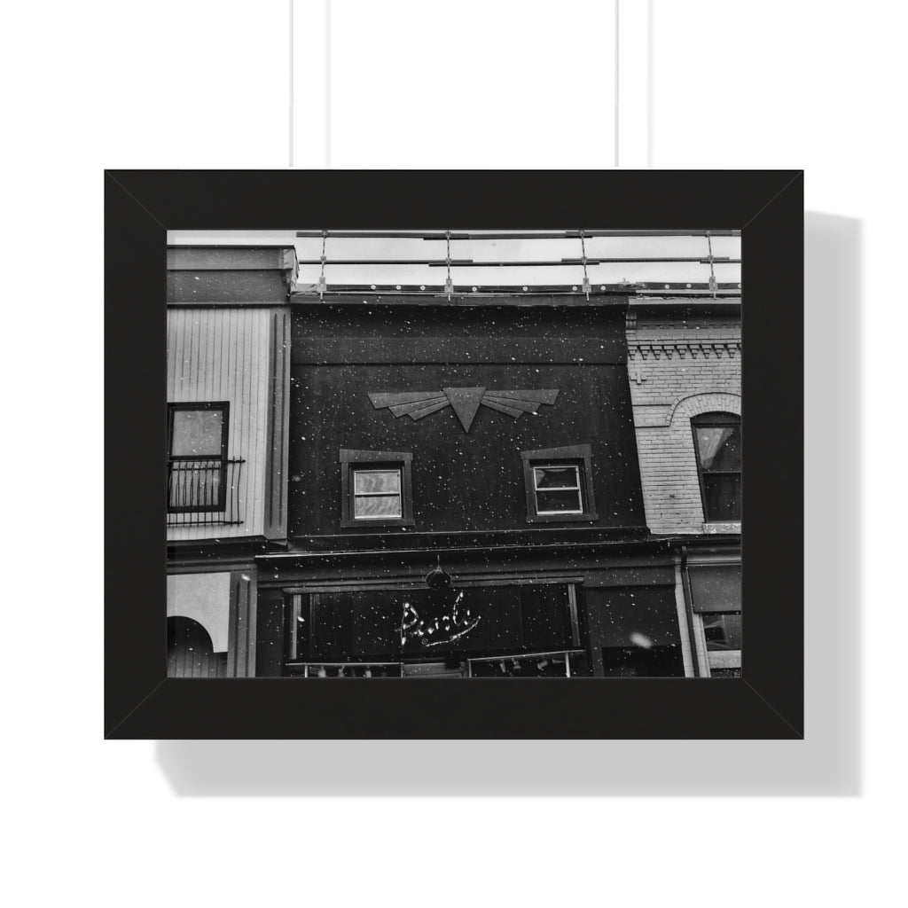 Old Fashioned Small Town - Snowfall Storefront - Black and White Snowy Piece | Framed Horizontal Poster