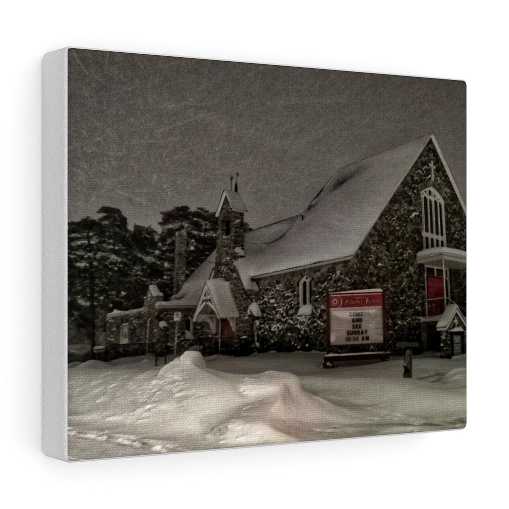 Quaint Nordic Church - Snowy Winter Night - Small Town Canadiana | Canvas Gallery Wraps