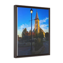 Load image into Gallery viewer, Old Cathedral - Small Town Church Scene - Autumn Inspired | Vertical Framed Premium Gallery Wrap Canvas
