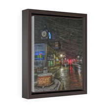 Load image into Gallery viewer, Snowy Main Street - Small Town Scene - Urban Photography | Vertical Framed Premium Gallery Wrap Canvas
