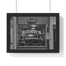 Load image into Gallery viewer, Rene&#39;s Barber Shop - Old Town - Black and White Street Photography - Black and White Urban - Premium Framed Horizontal Poster
