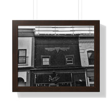 Load image into Gallery viewer, Old Fashioned Small Town - Snowfall Storefront - Black and White Snowy Piece | Framed Horizontal Poster
