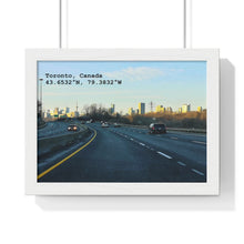 Load image into Gallery viewer, Toronto Skyline Photograhy - Latitude and Longitude Piece - Framed Wall Art | Premium Framed Horizontal Poster
