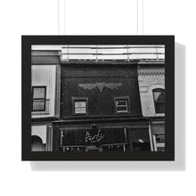 Load image into Gallery viewer, Old Fashioned Small Town - Snowfall Storefront - Black and White Snowy Piece | Framed Horizontal Poster
