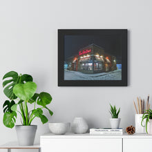 Load image into Gallery viewer, Warm Wishes - Snowy Tim Hortons Piece - Canadian Art | Framed Horizontal Poster
