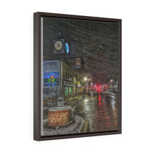 Load image into Gallery viewer, Snowy Main Street - Small Town Scene - Urban Photography | Vertical Framed Premium Gallery Wrap Canvas
