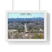 Load image into Gallery viewer, Toronto Skyline Photograhy - Latitude and Longitude Piece - Framed Wall Art | Premium Framed Horizontal Poster
