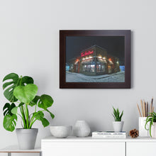 Load image into Gallery viewer, Warm Wishes - Snowy Tim Hortons Piece - Canadian Art | Framed Horizontal Poster
