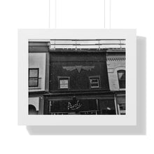 Load image into Gallery viewer, Old Fashioned Small Town - Snowfall Storefront - Black and White Snowy Piece | Framed Horizontal Poster
